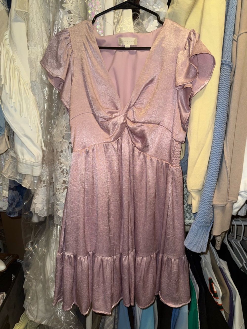 Altar'd State Shimmery Lilac Twist-Front Mini Dress